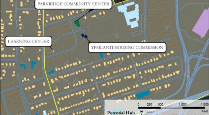 Map of Ypsilanti, MI, detailing resilience hubs at Perry Elementary School, Parkridge Community Center, Learning Center, and Ypsilanti Housing Commission